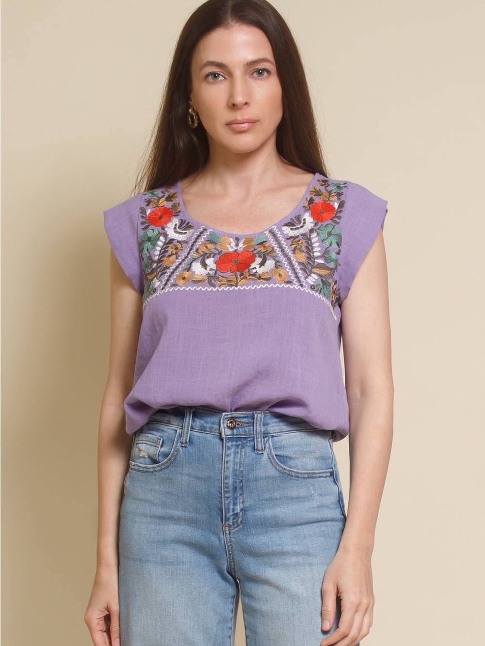 THML Lilac Garden Embroidered Cap-Sleeve Top